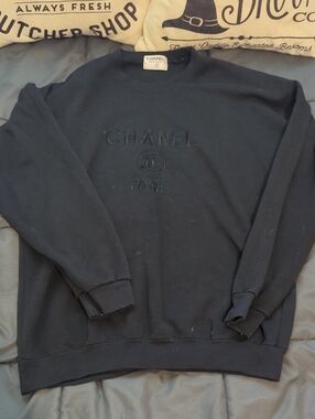 CHANEL Black Embroidered Logo Crewneck Sweater Size Small-Medium